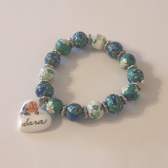 676 Blue and Green Floral Painted Beaded Charm Bracelet with Sara Engraved Heart - Picture 3 of 4